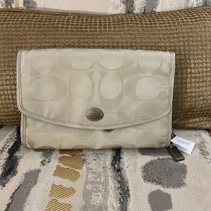 Coach Signature Tan Satin Hanging Cosmetic Kit Toiletry Travel Bag